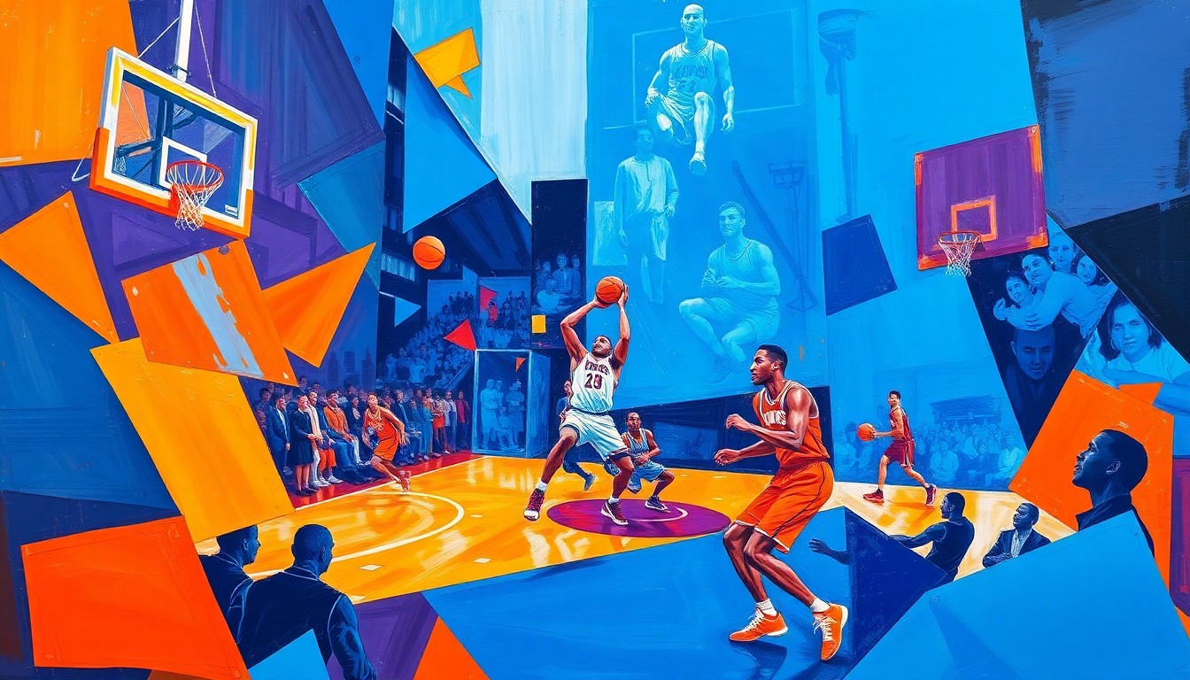 A fragmented, geometric painting depicting the intense energy and action of a basketball game, with sharp planes of bright blue, orange, and purple colors overlapping to create a dynamic, abstract visual.