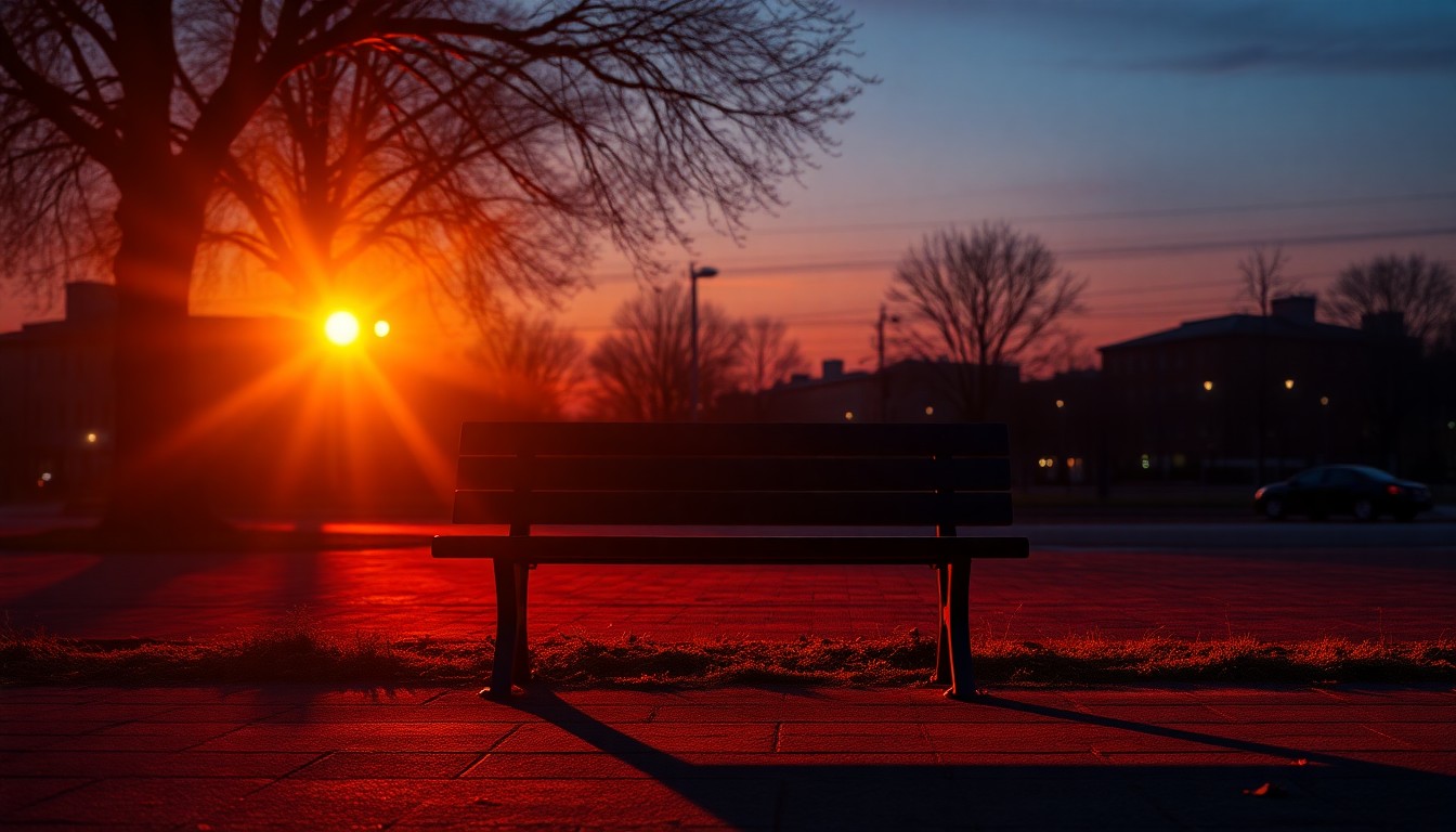 A park bench at dusk, with warm light and deep shadows, conveying the loneliness and isolation of homelessness in an urban setting.