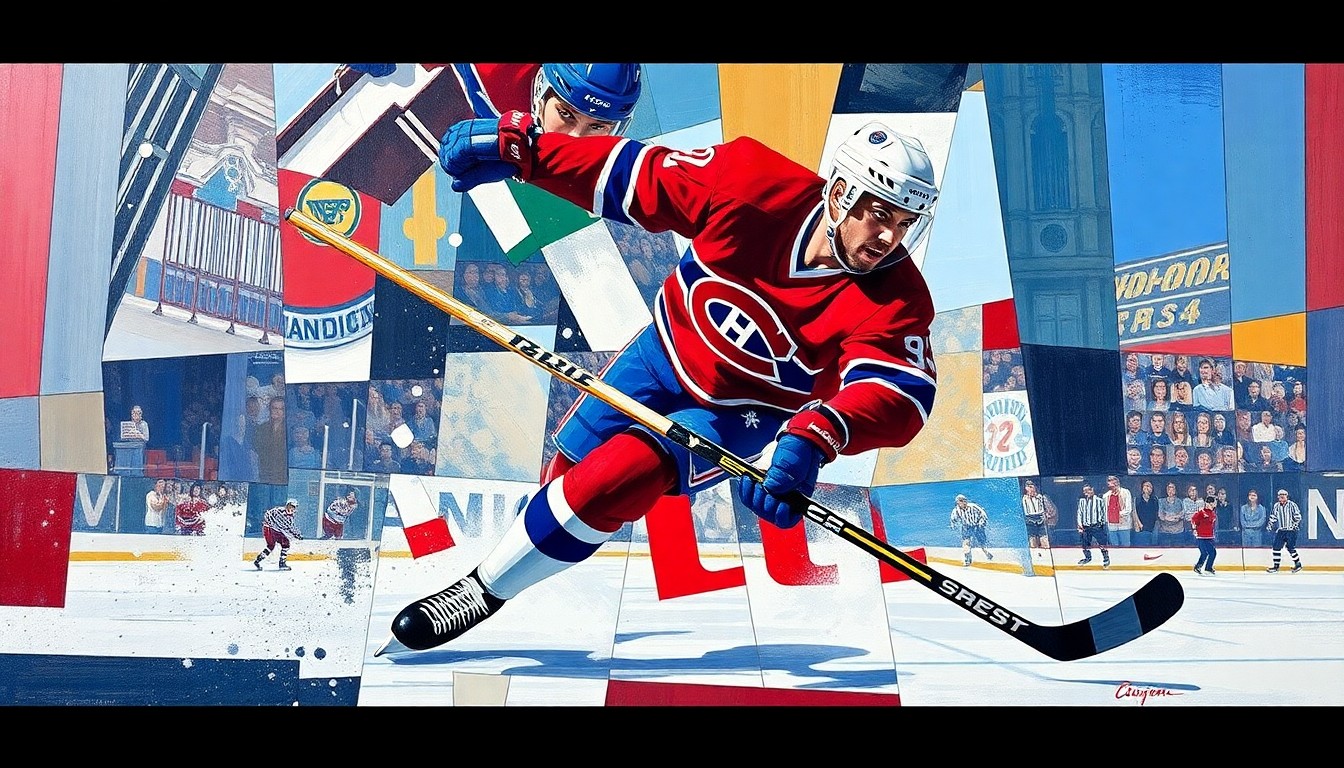 A cubist, geometric painting depicting a hockey player in the act of scoring a goal, with the player's form broken down into sharp, overlapping planes of red, blue, and white, conceptually representing the dynamic and multifaceted nature of Caufield's play.