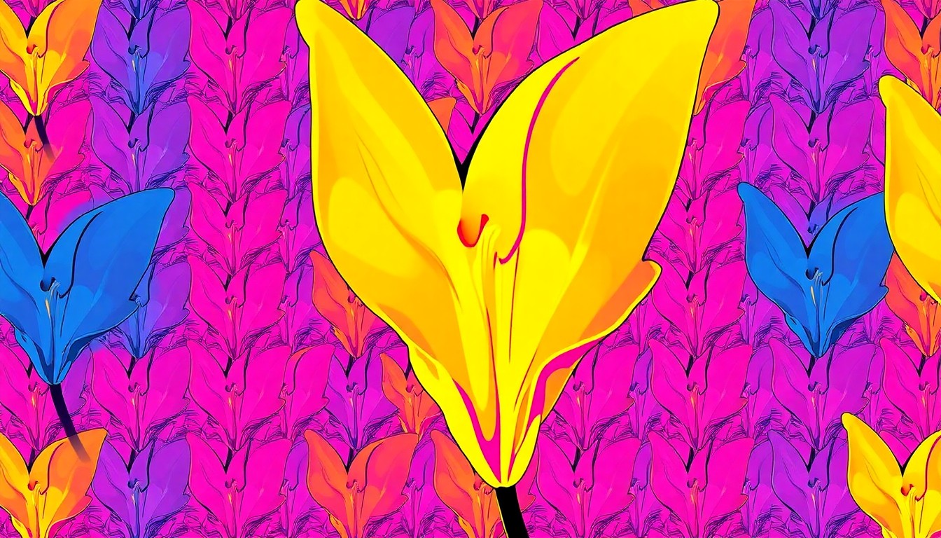 A high-contrast, silkscreen-style image of a brightly colored Easter lily flower repeated in a grid pattern, conveying the festive energy of seasonal celebrations.