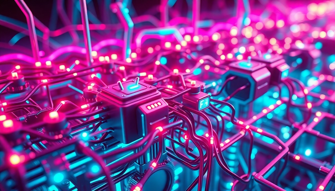 A highly detailed, glowing 3D macro illustration of a complex neural network or AI infrastructure, with neon cyan and magenta lights illuminating the intricate cybernetic hardware, conceptually representing the growing complexity and potential risks of advanced AI technology.