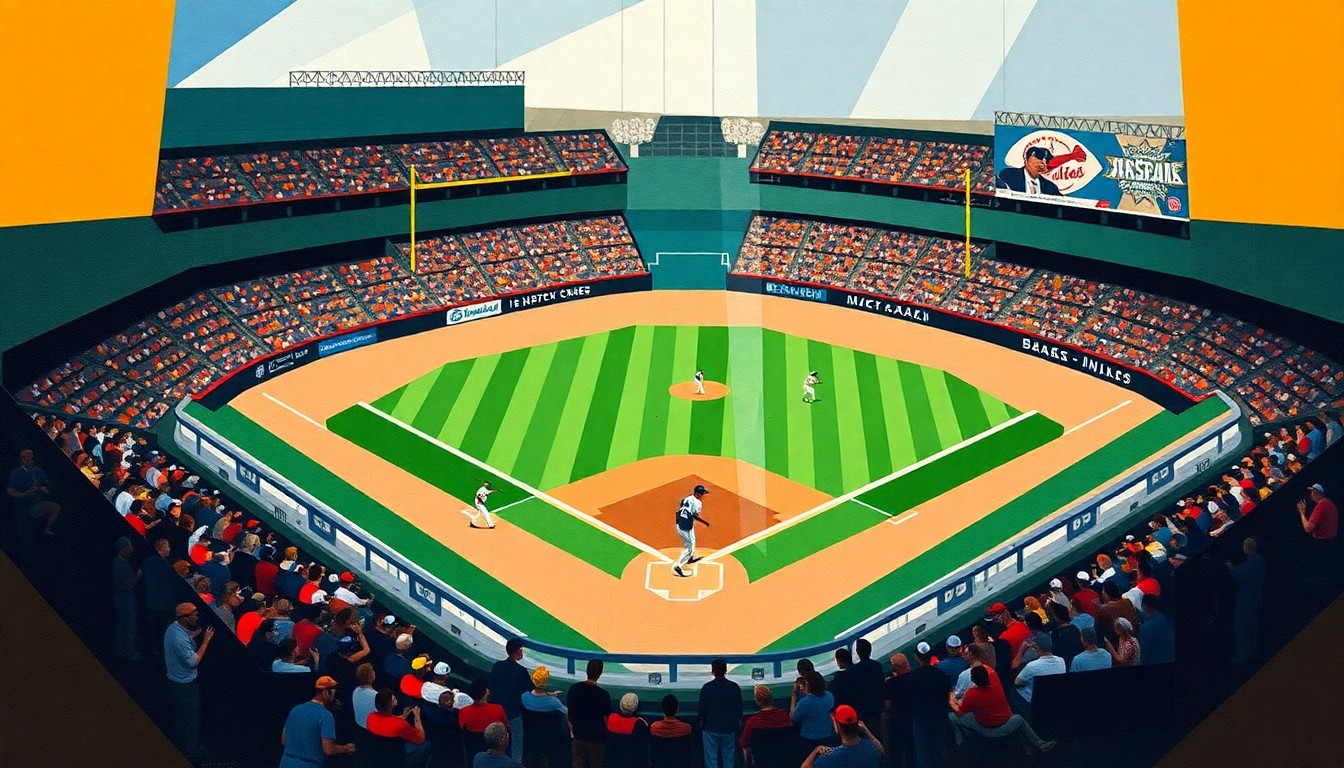 A cubist, geometric painting depicting a baseball diamond with players in motion, broken down into sharp, overlapping planes of color and form, capturing the energy and intensity of the game.
