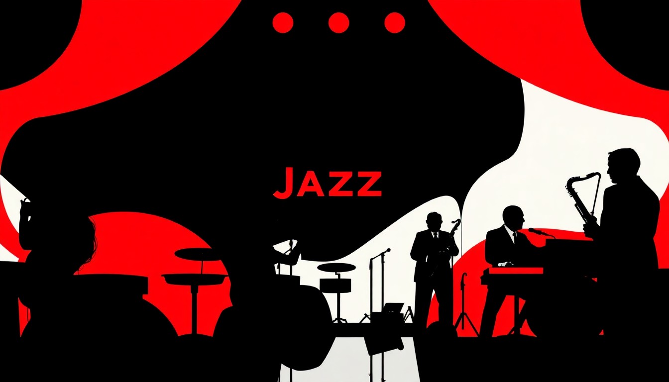A dynamic abstract composition of geometric black shapes and bold red and white accents, conceptually representing the energy and excitement of a jazz club's grand reopening.