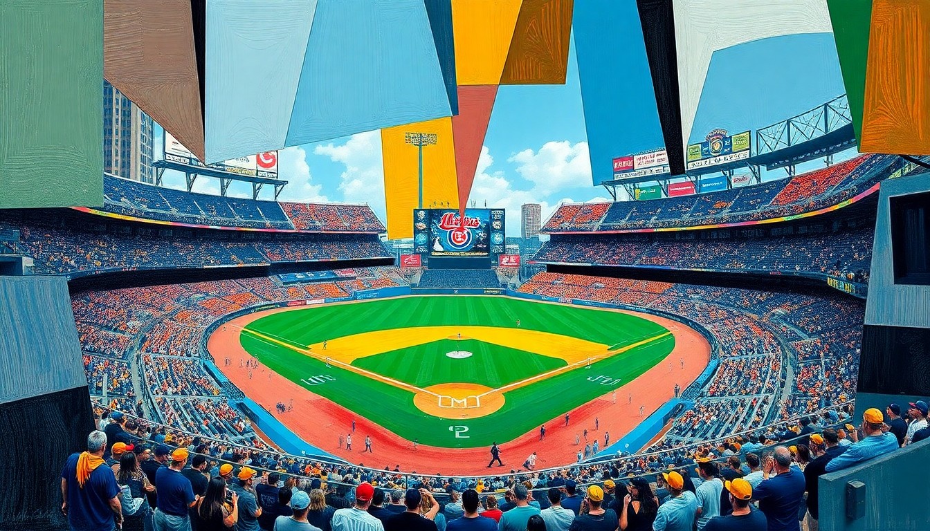 A fragmented, geometric painting depicting a baseball game in progress, with players and the field broken down into sharp, overlapping shapes and planes of color, conveying the intensity and strategic complexity of the matchup between the two teams.