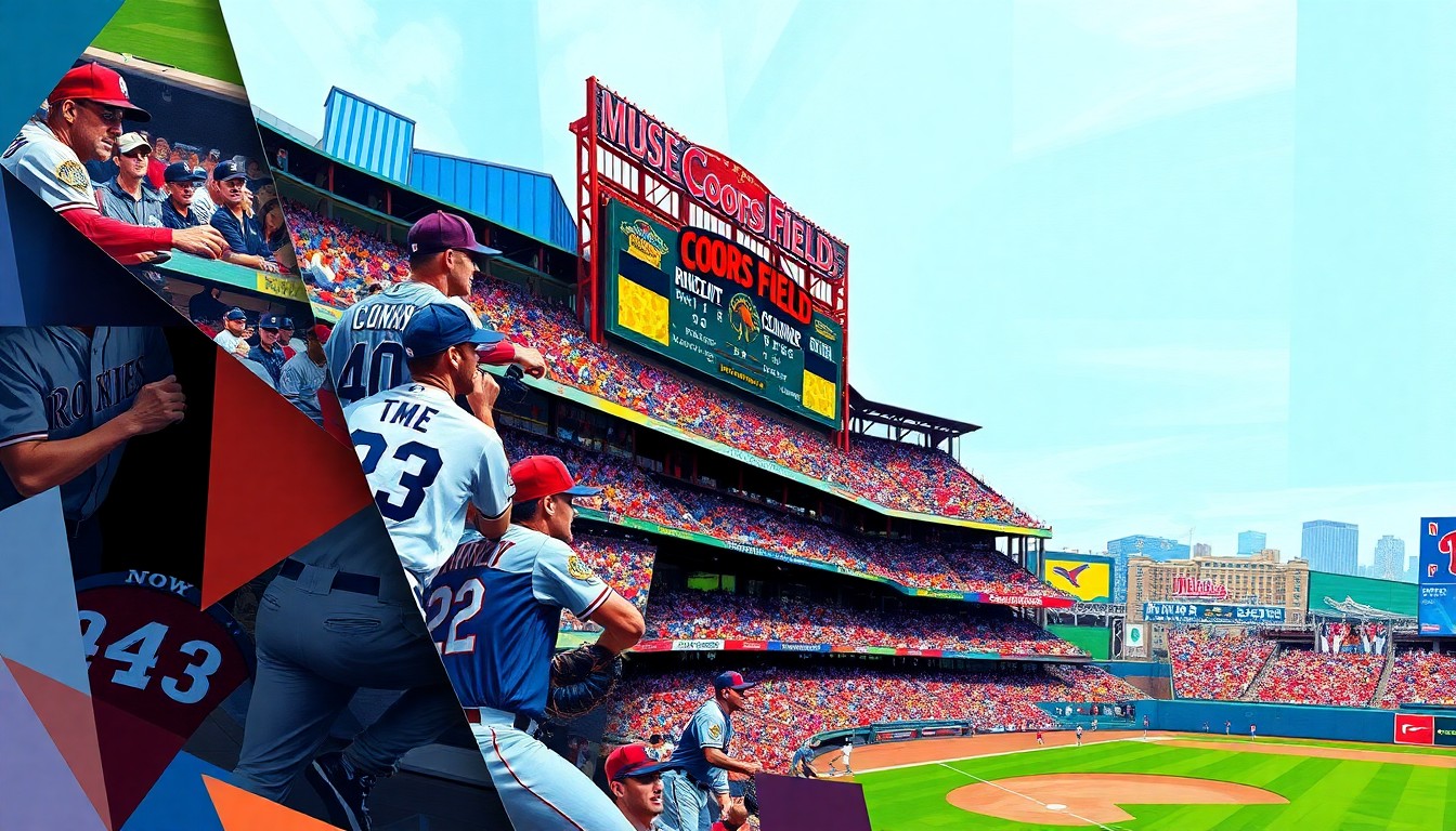 A fractured, multi-perspective painting depicting a baseball game at Coors Field, with the players and stadium architecture broken down into sharp, overlapping geometric shapes and planes in vibrant colors.