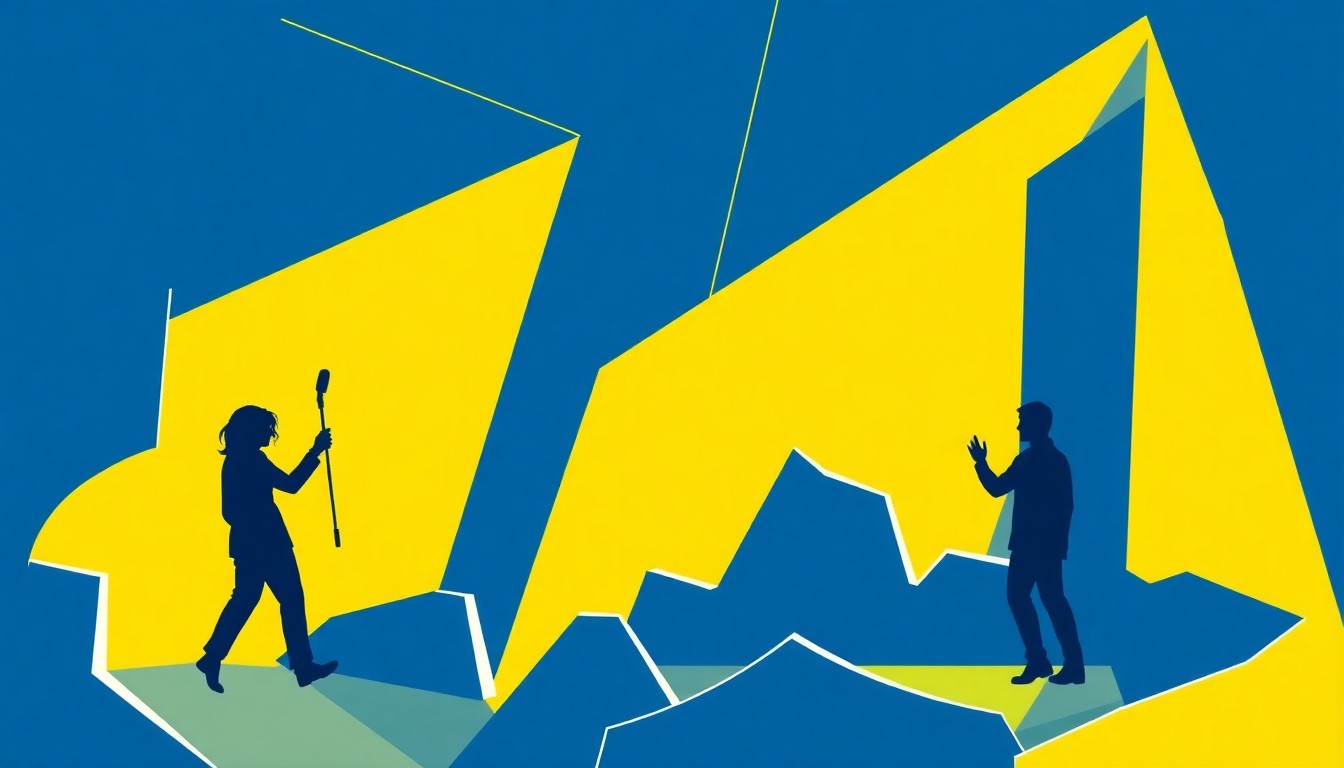 A bold, abstract illustration featuring jagged, geometric shapes in shades of blue, green, and yellow, conceptually representing the themes of storytelling, performance, and spiritual connection.