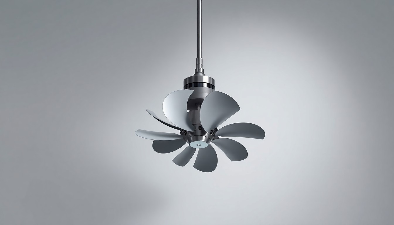 A photorealistic studio still life of a sleek, modern HVLS fan suspended against a clean, monochromatic background, showcasing the product's premium materials and dramatic lighting to convey MacroAir's commitment to innovative airflow technology.
