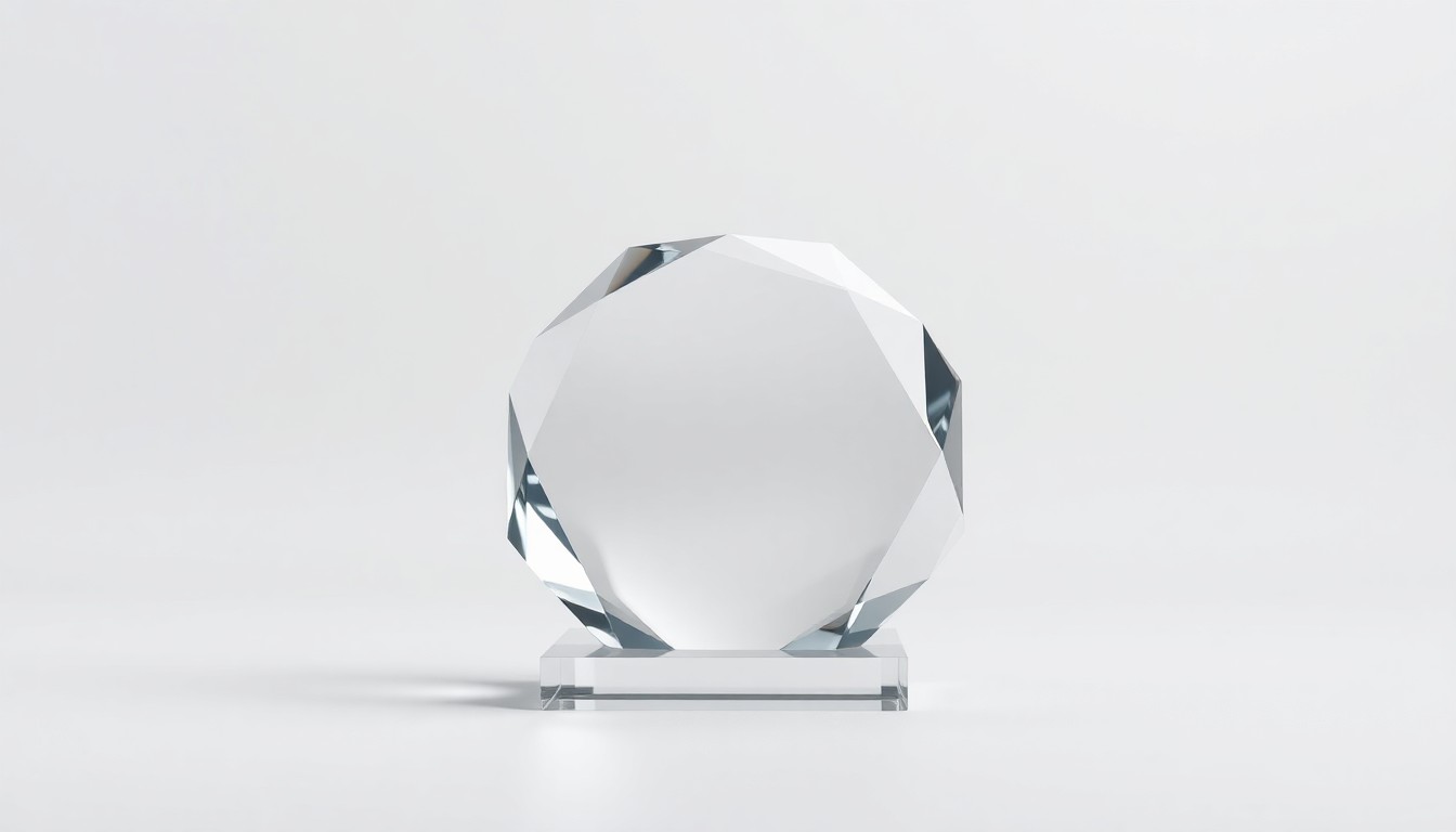 A close-up, high-contrast photograph of a smooth, geometric glass paperweight or desk sculpture in a neutral color palette, representing the abstract concepts of risk management, strategic vision, and innovative leadership.