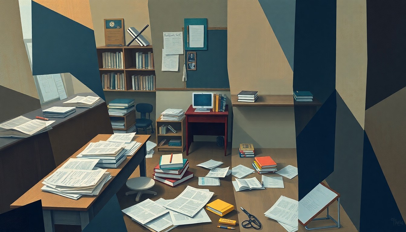 A conceptual abstract painting depicting a fragmented, overlapping image of a teacher's desk with scattered school supplies, conveying a sense of disruption and uncertainty around the future of teachers unions in Idaho.
