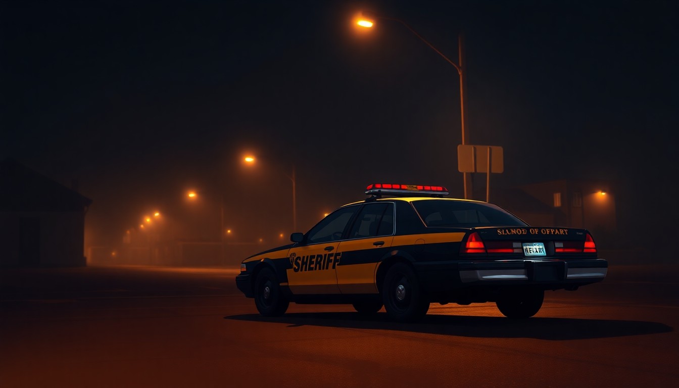 A moody, cinematic painting of a lone sheriff's patrol car parked on a dimly lit street at night, the vehicle's silhouette reflected in a puddle and illuminated by warm, diagonal streetlights, creating a sense of solitude and contemplation.