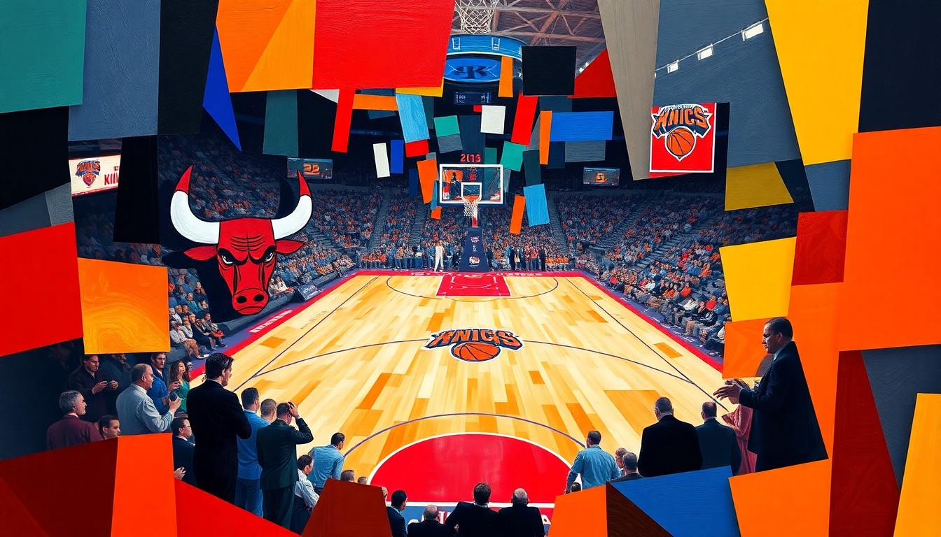 A fragmented, geometric painting depicting a basketball game between the Chicago Bulls and New York Knicks, with sharp planes of color and overlapping perspectives conveying the dynamic action on the court.