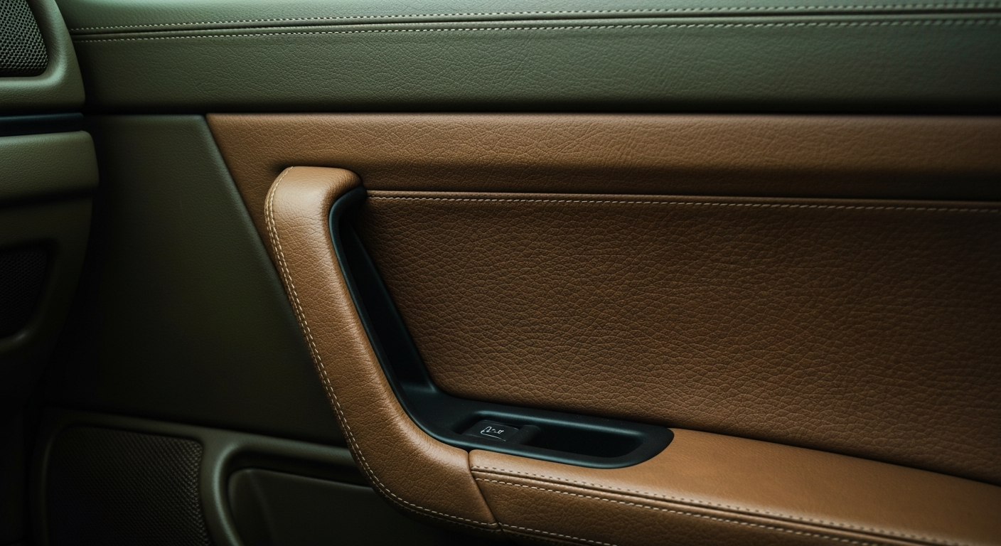 An extreme close-up photograph of a pebbled leather car door panel, capturing the intricate textures and muted colors in a dramatic, high-contrast lighting style.