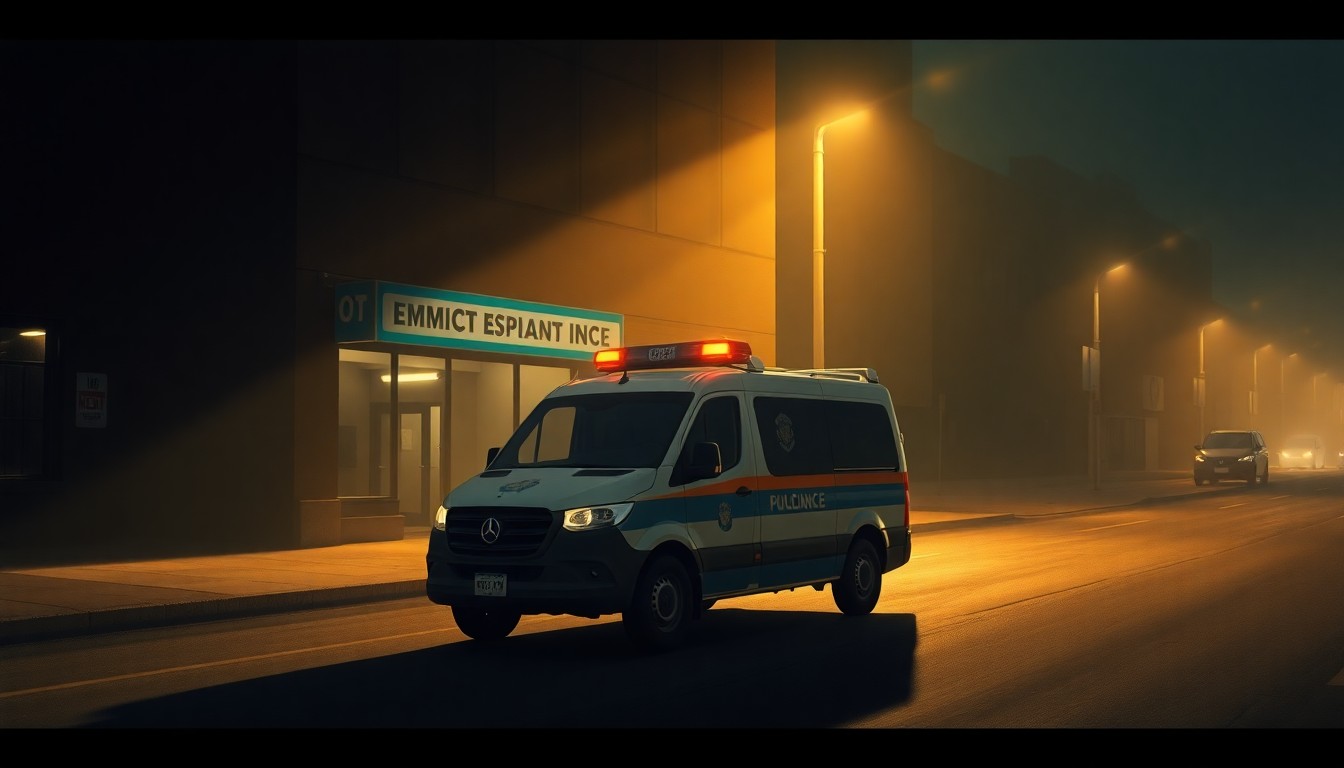 A realistic painting in muted tones depicting a lone immigration enforcement vehicle parked on a dimly lit urban street, conveying a sense of quiet tension and the complex dynamics between federal agencies and local communities.