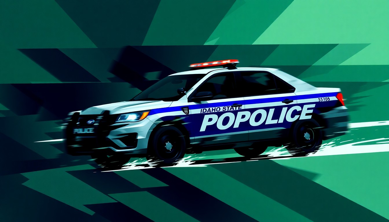 A fractured, abstract painting depicting an Idaho State Police vehicle in motion, with overlapping geometric shapes and waves of dark blue, forest green, and gunmetal grey, conveying a sense of instability and urgency.