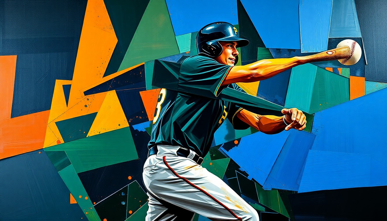 A fractured, multi-perspective painting in the style of Pablo Picasso, breaking down a baseball player's defensive actions into sharp, overlapping geometric planes of navy blue, forest green, and burnt orange.