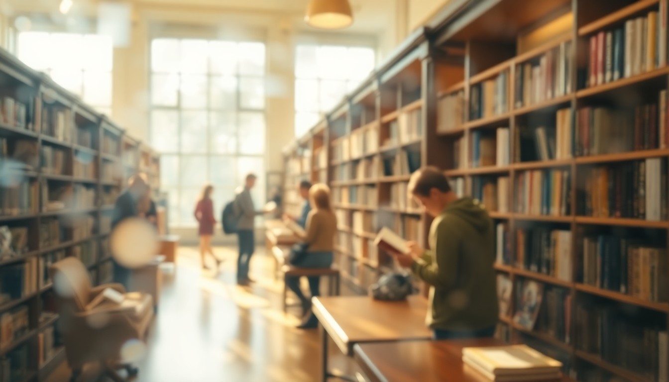 An abstract, impressionistic scene of people moving through the soft, diffused light of a library interior, conveying a sense of tranquility and environmental consciousness.