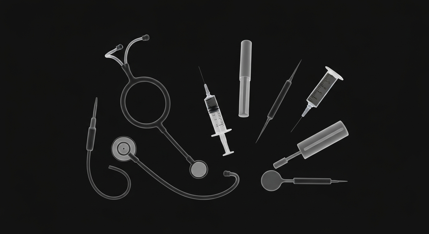 A translucent X-ray photograph showing the ghostly outlines of a stethoscope, syringe, and other medical tools floating against a dark background, conceptually representing the clinical data on physician compensation trends.