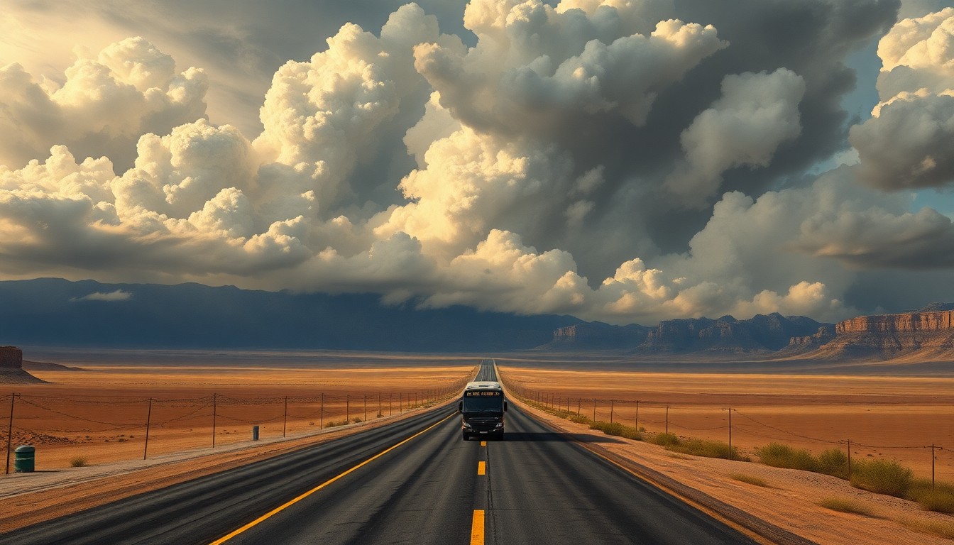 A dramatic landscape painting in the style of Caspar David Friedrich, depicting a vast desert highway under a stormy, atmospheric sky. The charter bus is barely visible, dwarfed by the overwhelming scale of the natural setting.