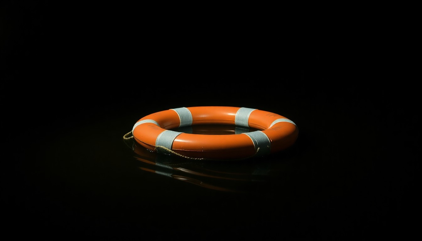 An extreme close-up photograph of a bright orange life preserver floating on the dark, rippling waters of the Mississippi River, the harsh flash of the camera creating stark shadows and highlights that convey a sense of urgency and danger.