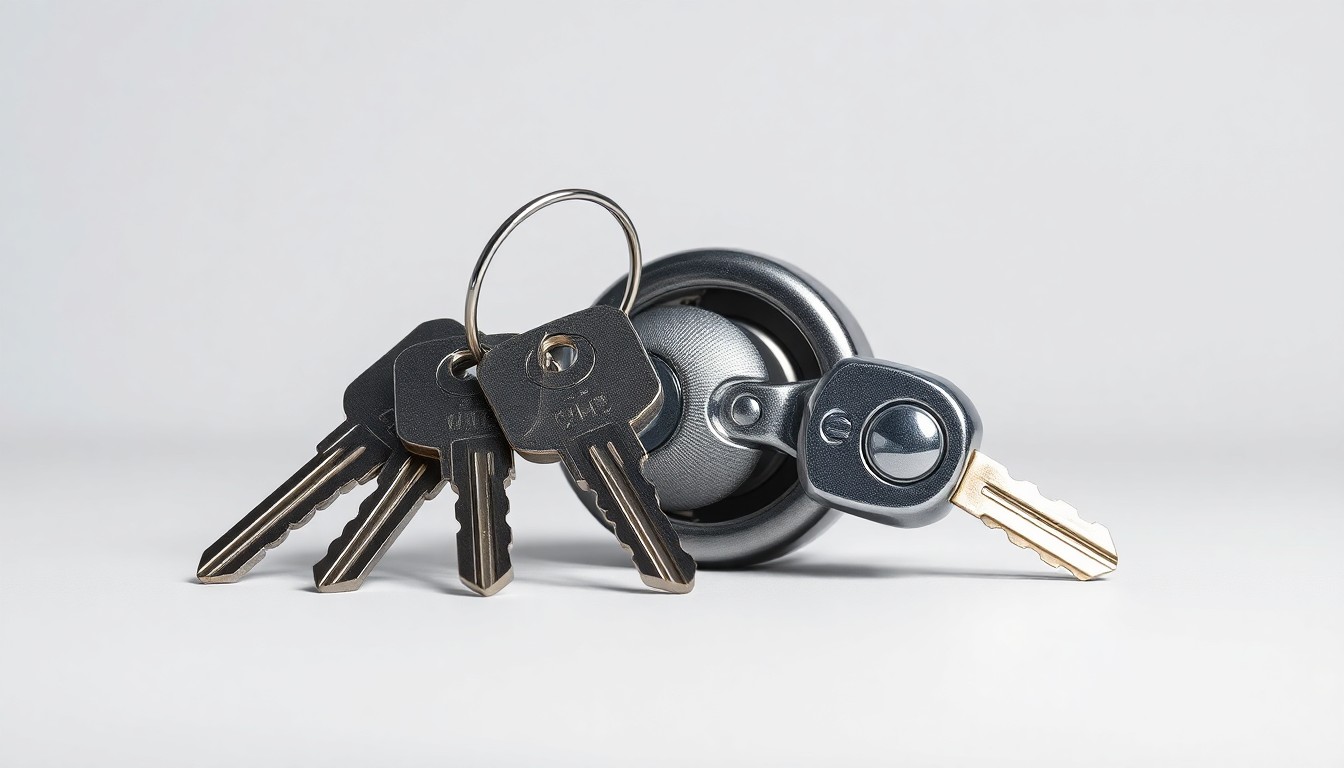 A high-end, photorealistic studio still-life photograph featuring a set of gleaming metal U-Haul keys and a sleek, modern storage unit lock against a clean, monochromatic background, conceptually representing the integration of storage and transportation services.