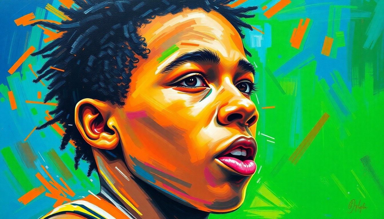 An abstract, expressionistic painting in vibrant neon colors, capturing the dynamic energy and community-focused activism of a young athlete.
