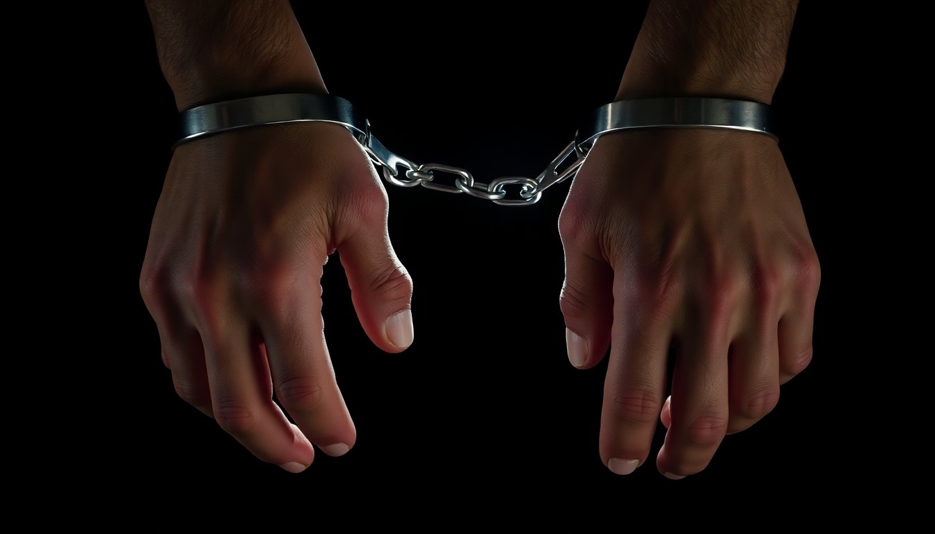 An extreme close-up photograph of a pair of handcuffed hands, the metal cuffs reflecting a harsh, direct camera flash against a pitch-black background, creating a stark, gritty, investigative aesthetic.