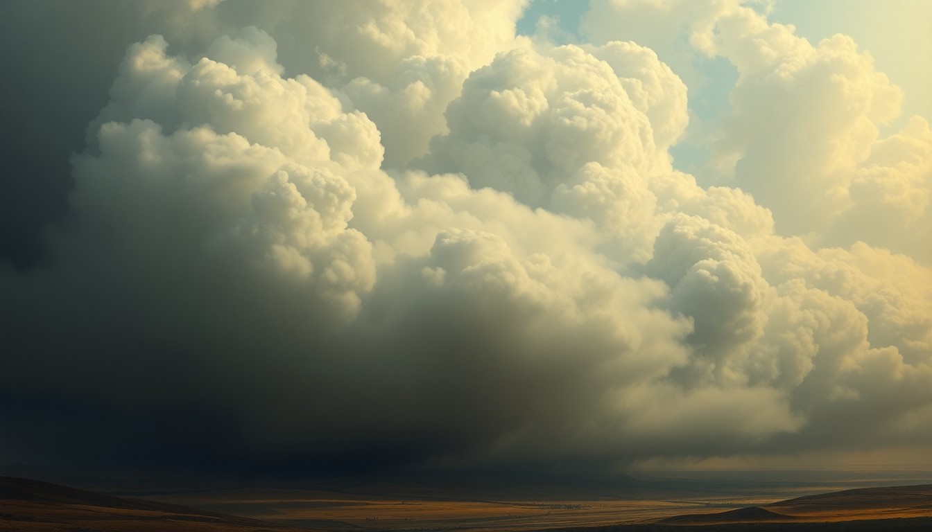 A sweeping, atmospheric landscape painting in muted earth tones, with thick, billowing plumes of dark smoke obscuring the horizon and dwarfing any visible structures or vegetation, conveying the raw power of a fast-moving brush fire driven by extreme weather conditions.