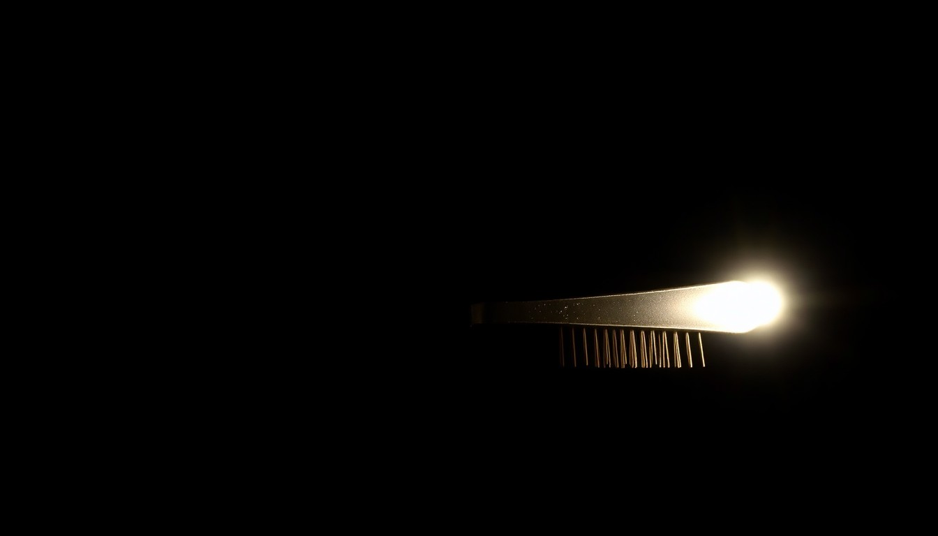 An extreme close-up photograph of a personal item belonging to Samantha Ellison, such as a hairbrush or piece of jewelry, lit by a harsh, direct camera flash against a pitch-black background, creating a stark, gritty, investigative aesthetic.