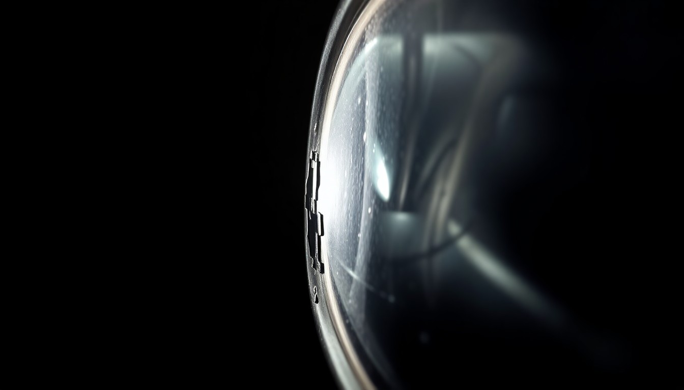 An extreme close-up photograph of a damaged car side mirror, lit by a harsh, direct camera flash against a pitch-black background, conceptually illustrating the gritty aftermath of a hit-and-run accident.