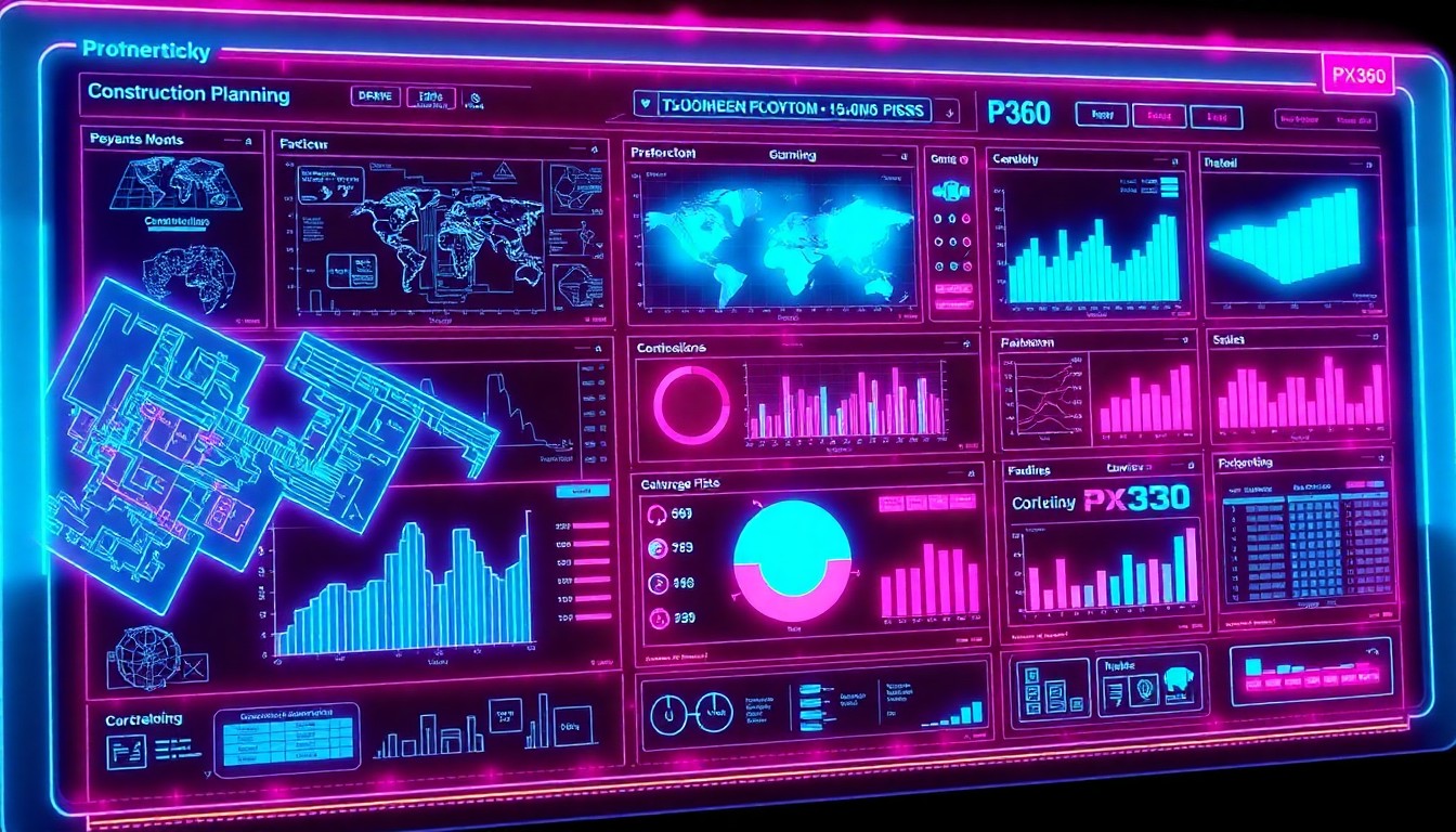 A highly detailed, glowing 3D illustration of a futuristic construction planning dashboard, with various digital blueprints, schematics, and data visualizations illuminated by neon cyan and magenta lights, conceptually representing the advanced technology and data-driven insights that PX360 provides to uncover construction risks.