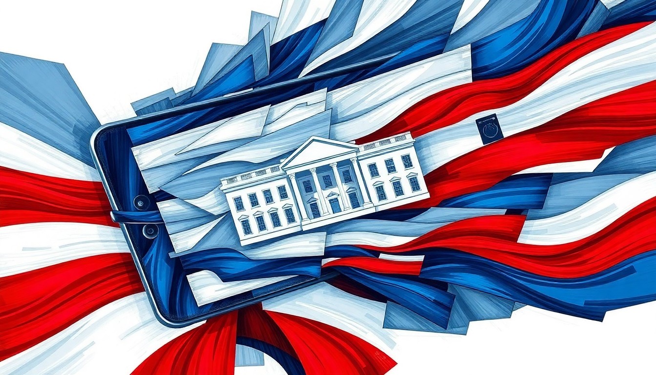 A fragmented, abstract painting depicting a smartphone screen with the White House logo, surrounded by overlapping geometric shapes in red, white, and blue, conveying a sense of surveillance and government control.