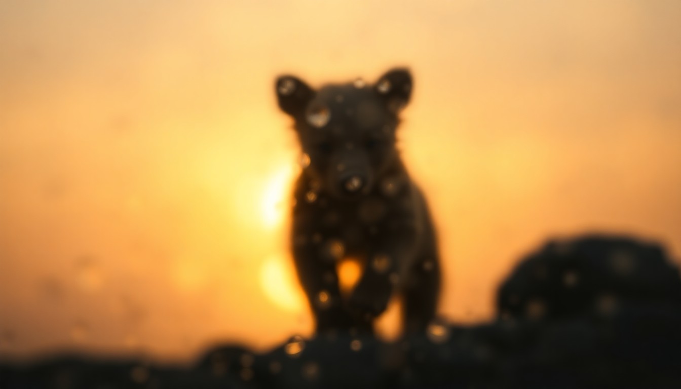 An abstract, impressionistic photograph showing the blurred outline of a small bear cub against a backdrop of soft, warm lighting, conveying the emotion and urgency of rescuing a vulnerable animal from a hazardous roadside situation.
