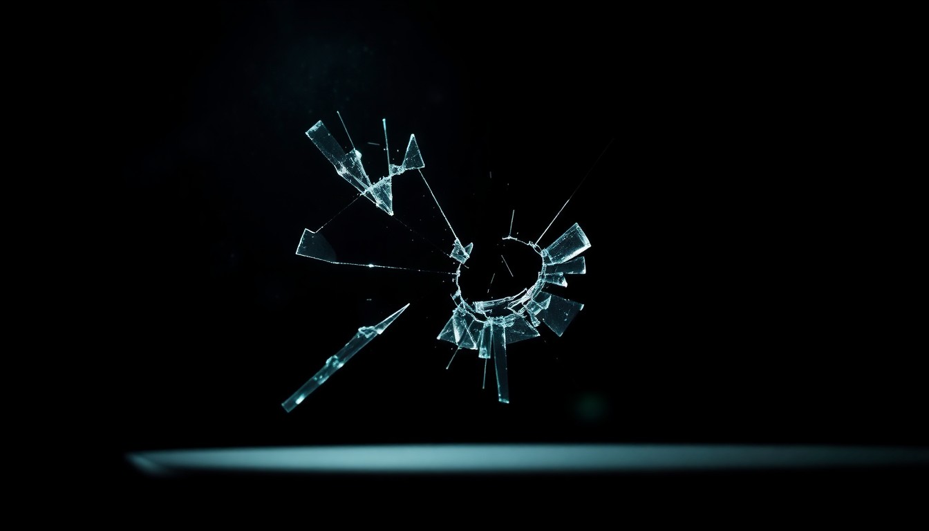 An extreme close-up photograph of a broken car lock or shattered car window glass, conveying the gritty aftermath of a property crime incident.