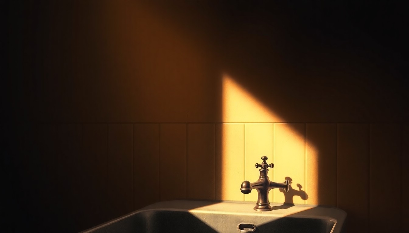 A photorealistic painting of a simple water faucet in a modest home, the faucet casting a long shadow across the wall in warm, golden light, conveying a sense of quiet contemplation and unresolved hardship.