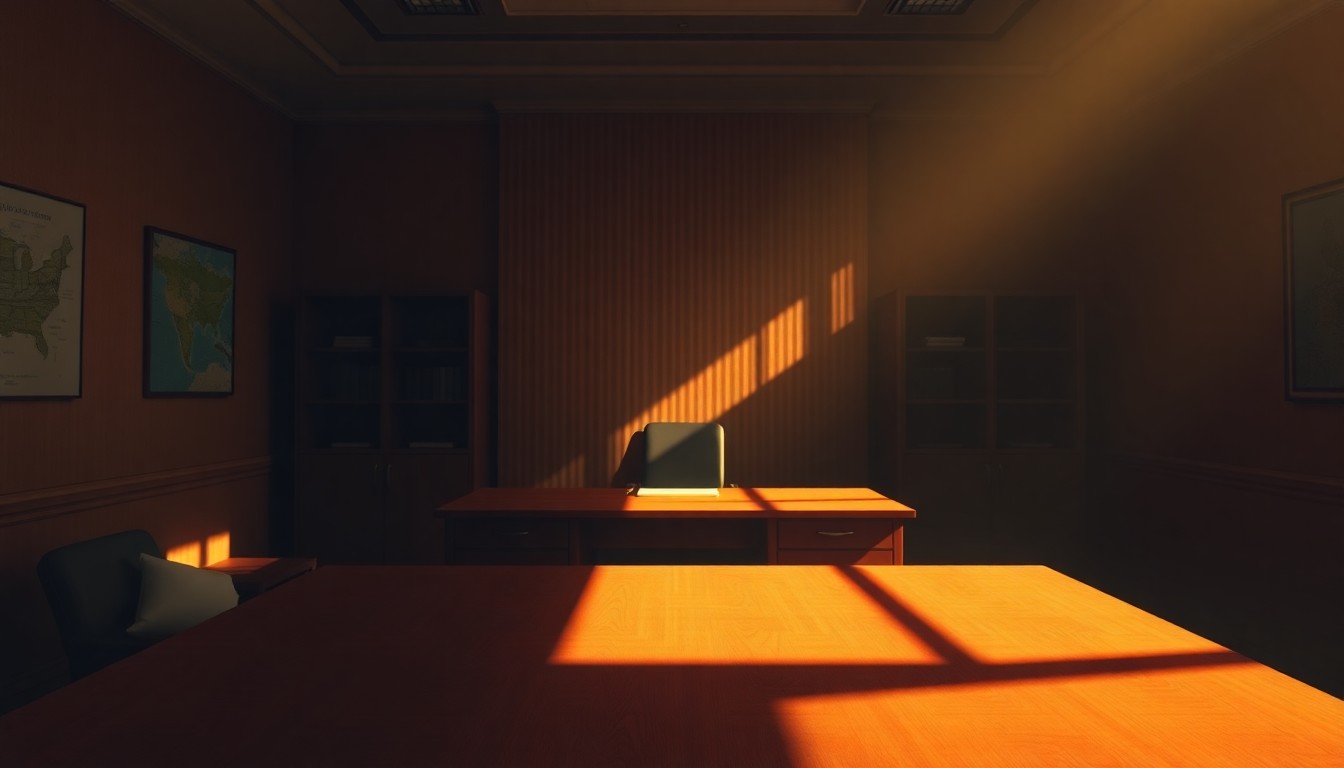 A dimly lit, cinematic painting of an empty government office desk, with warm sunlight streaming in through a window and casting long shadows across the surface, conveying a sense of transition and uncertainty.