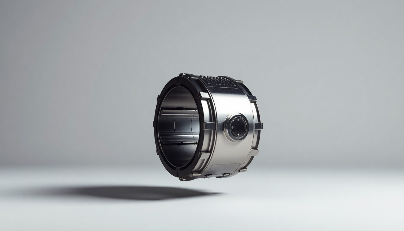 A photorealistic studio still life featuring a polished, chrome-plated model of a nuclear reactor core floating on a clean, white background, representing the complex balance of energy, safety, and environmental concerns surrounding the Diablo Canyon nuclear power plant.