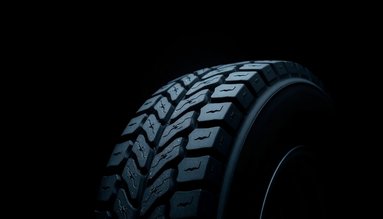 An extreme close-up of a heavily damaged truck tire tread, conceptually illustrating the aftermath of a serious highway collision.