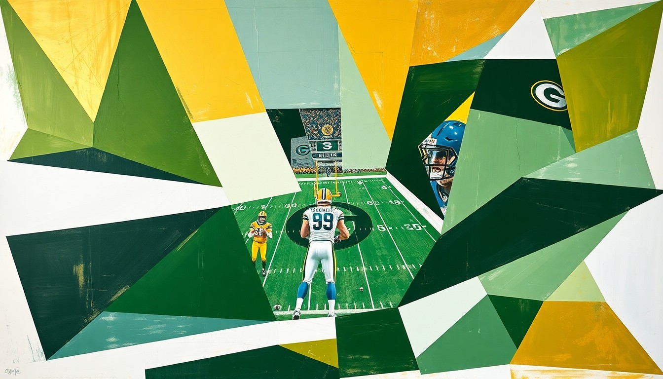 A cubist, geometric painting featuring overlapping planes of green, gold, and white, conceptually representing the energy and movement of a Packers football game.