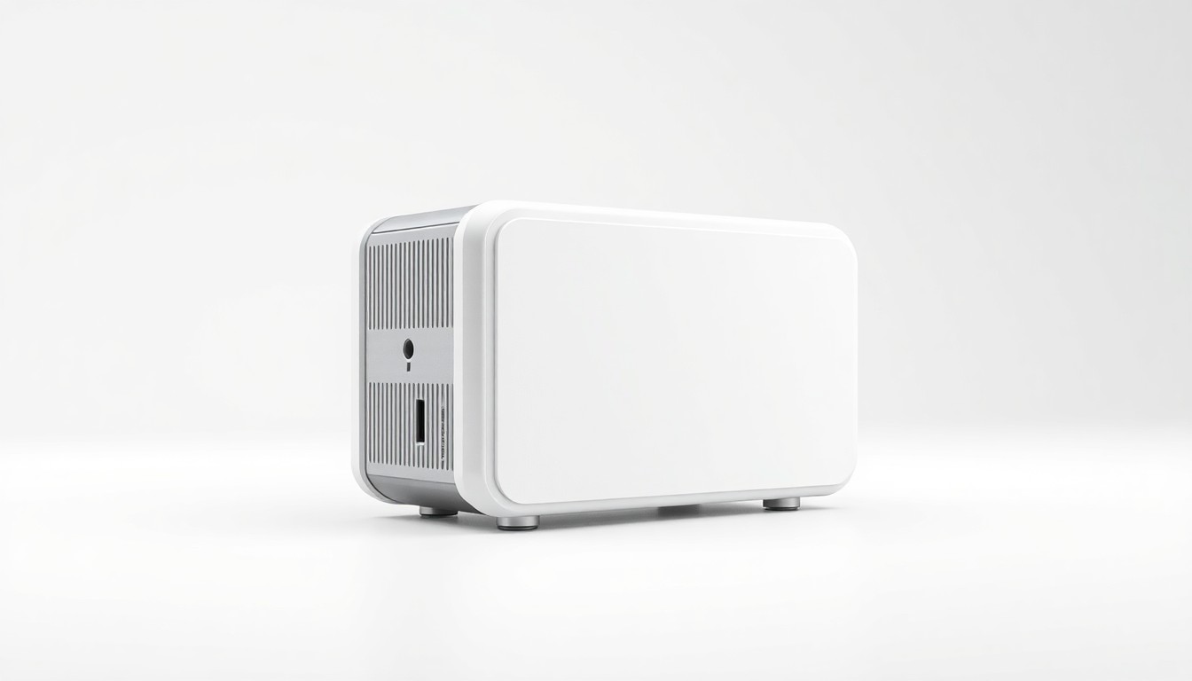 An extreme close-up of a sleek, minimalist cybersecurity hardware device with clean lines and muted colors, conceptually representing the high-quality trade show booth designs created by Pure Exhibits.