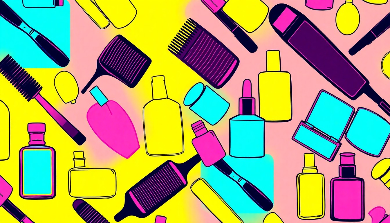 A brightly colored, high-contrast silkscreen print of a single, iconic beauty product like a hairbrush or makeup compact, repeated in a tight grid pattern to create a modern pop art representation of the local beauty industry.