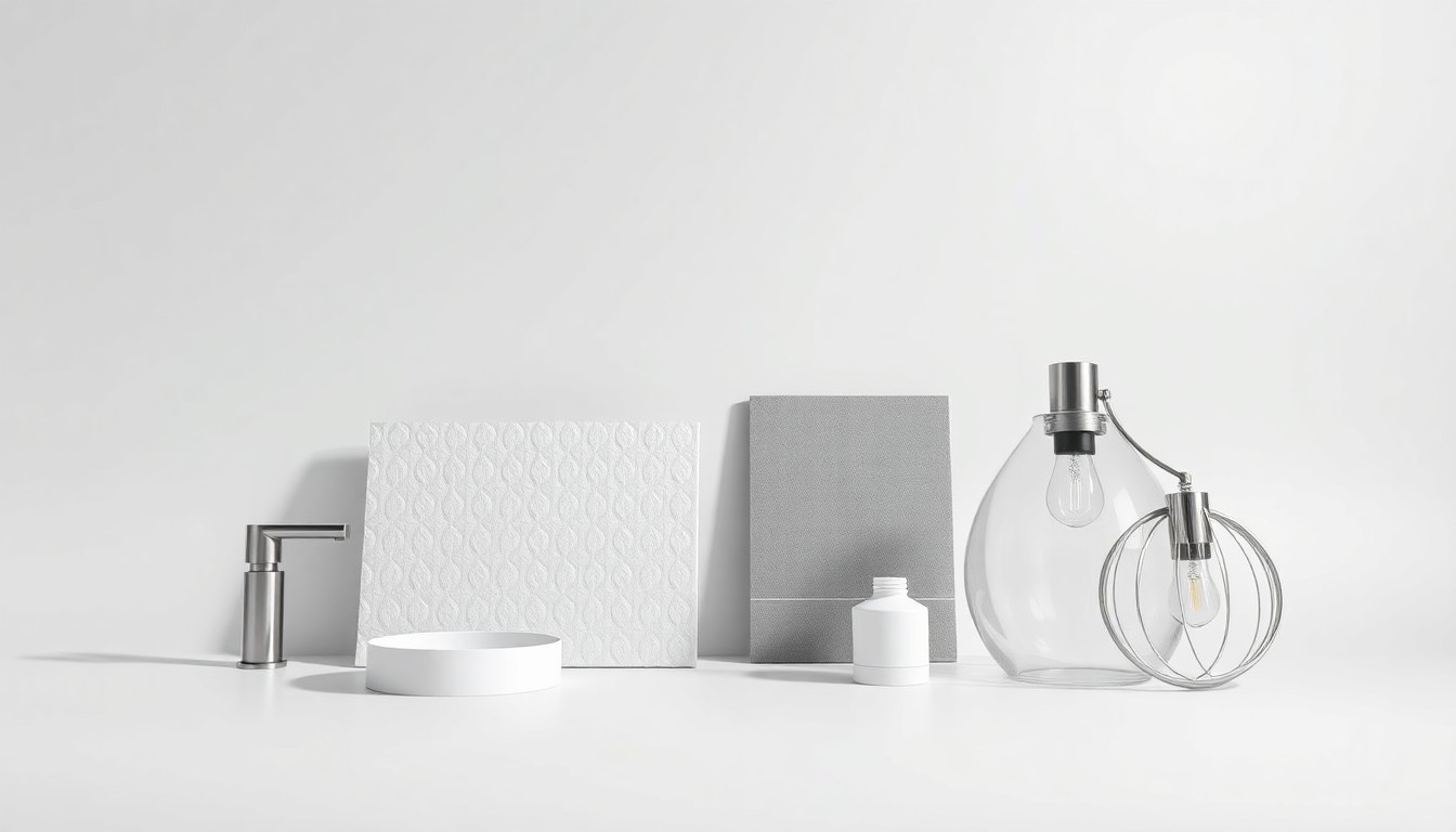 A minimalist studio still life featuring a selection of premium home improvement products, including a faucet, tile sample, and light fixture, arranged elegantly on a clean, monochromatic background, conveying a sense of quality and value.