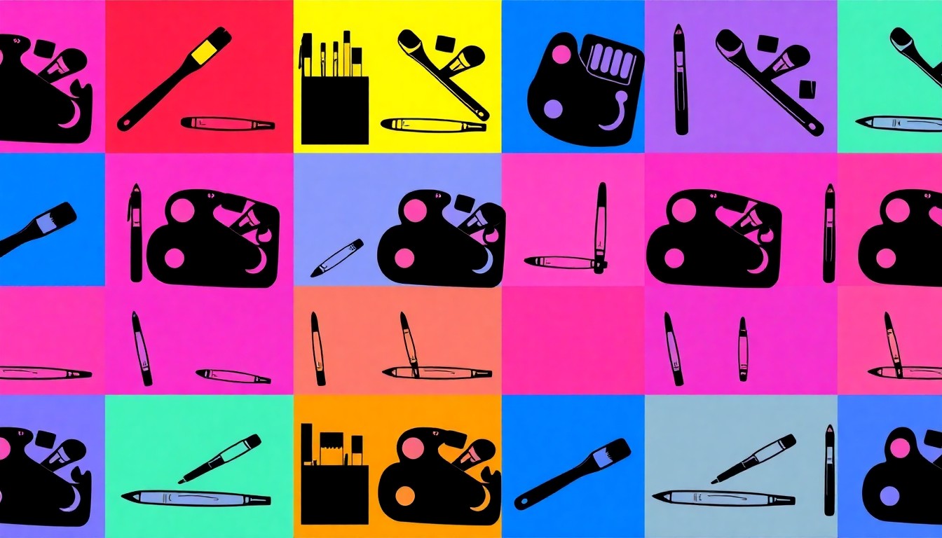 A vibrant, high-contrast silkscreen print composed of a repeating grid of a single, iconic art supply object such as a paintbrush or sketchbook, rendered in a bold, neon color palette to capture the celebratory spirit of the student art exhibit.