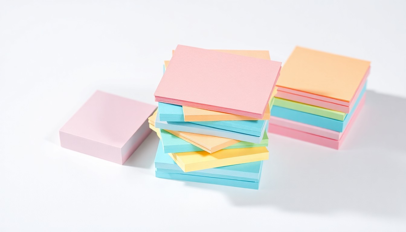 A high-end, photorealistic studio still-life photograph featuring a stack of colorful, textured sticky notes in various pastel shades arranged elegantly on a clean, white seamless background, conceptually representing the abstract ideas of rapid business growth, financial success, and brand recognition.