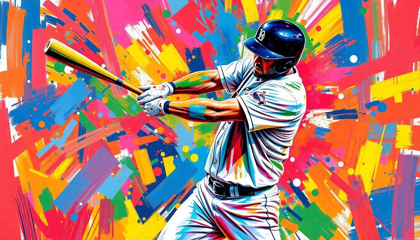 An extreme close-up of a baseball player's swing, rendered in a vibrant, expressionist style with rapid brushstrokes and neon colors that capture the raw power and athleticism of the moment.