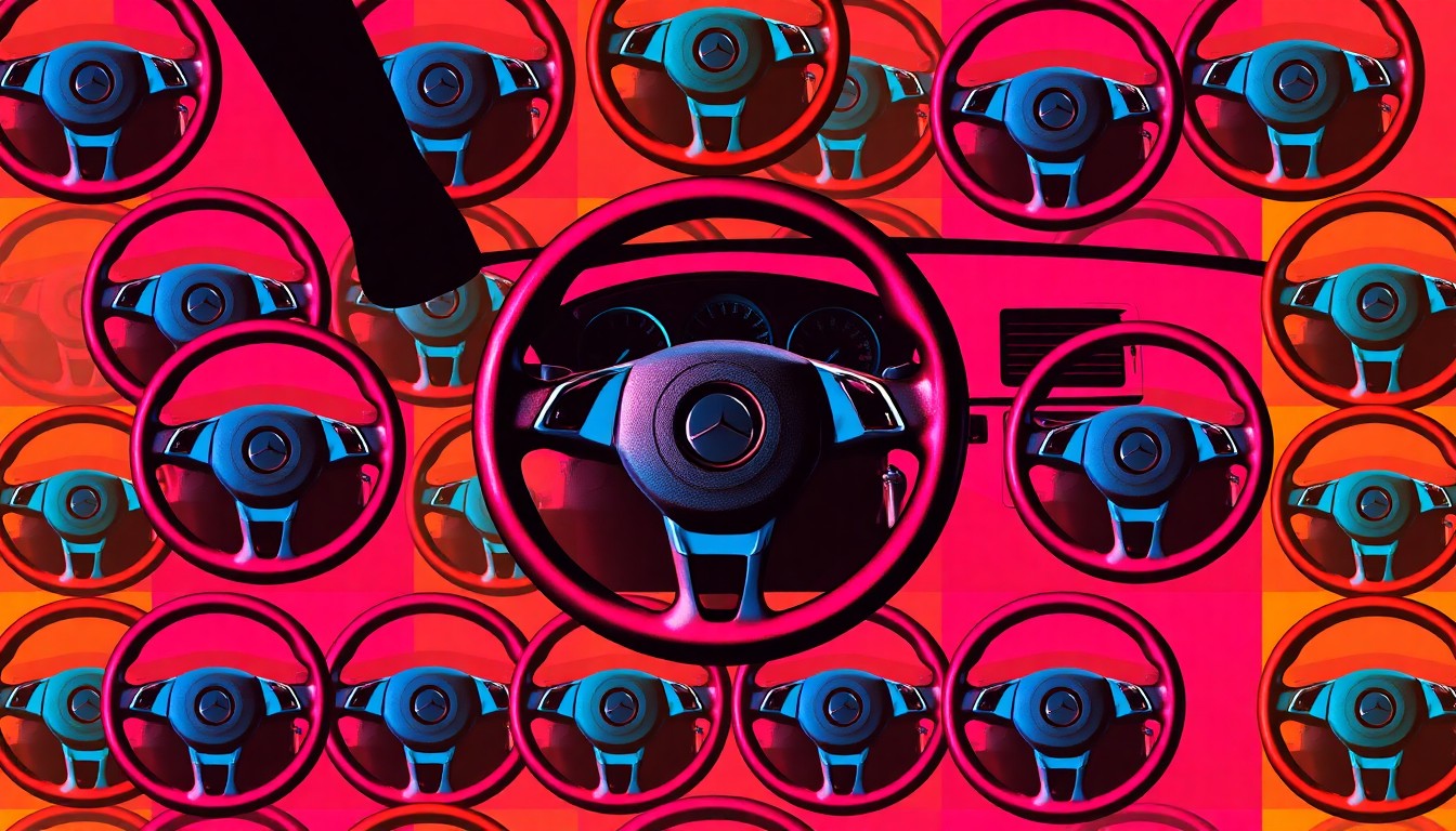 A bold, colorful silkscreen-style illustration featuring a repeating pattern of a car steering wheel in neon shades of blue, green, and pink, conceptually representing the high-tech driving simulators used to educate students about the dangers of distracted and impaired driving.