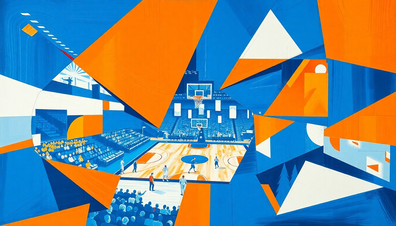 A cubist-style painting featuring sharp, overlapping geometric shapes in bright blue, orange, and white, abstractly representing the motion and energy of a college basketball game.