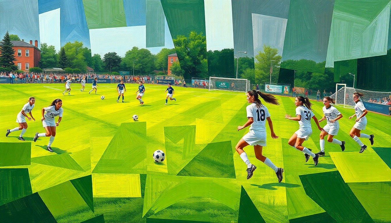 A cubist, geometric painting depicting the dynamic movements and action of a girls' high school soccer match, with overlapping planes of green grass, white uniforms, and the players' bodies in motion.