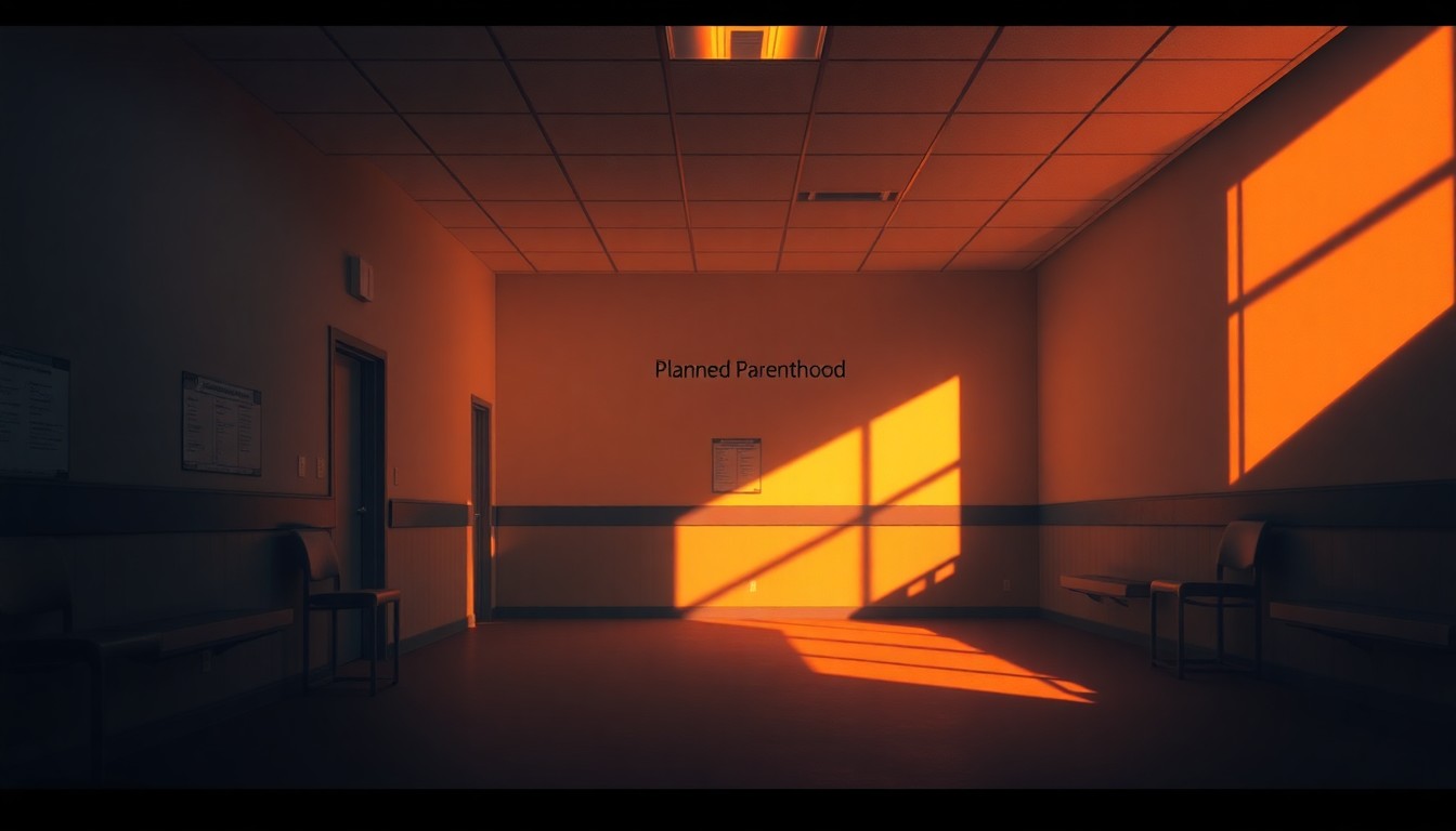 A dimly lit, cinematic interior scene of an empty Planned Parenthood clinic, with warm sunlight streaming through the windows and deep shadows casting a melancholic mood, conceptually representing the uncertainty surrounding the future of reproductive healthcare services in Indiana.