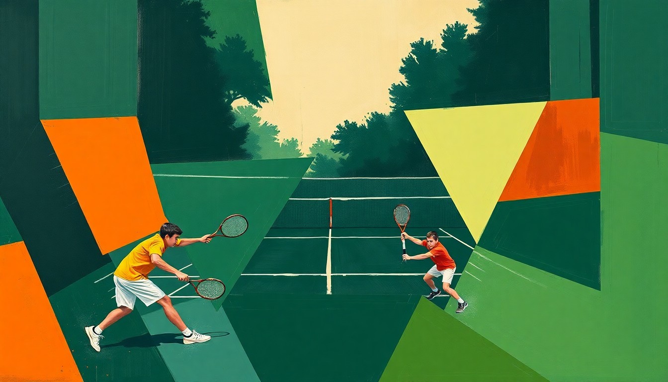 A cubist, geometric painting depicting a high school tennis match, with overlapping planes of green, blue, and orange representing the dynamic action on the court.