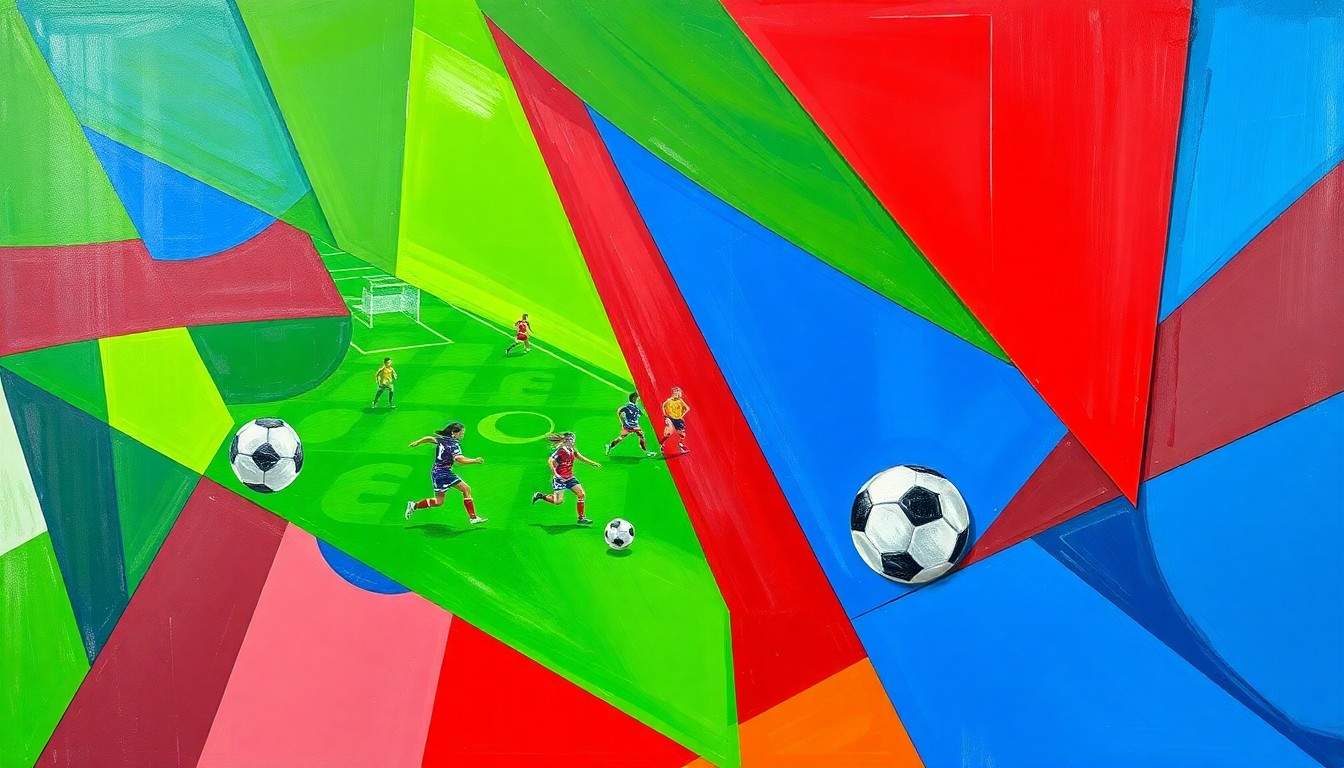 A cubist, geometric painting depicting the chaotic action and energy of a high school girls soccer match, with overlapping planes of bright green, royal blue, and crimson red.